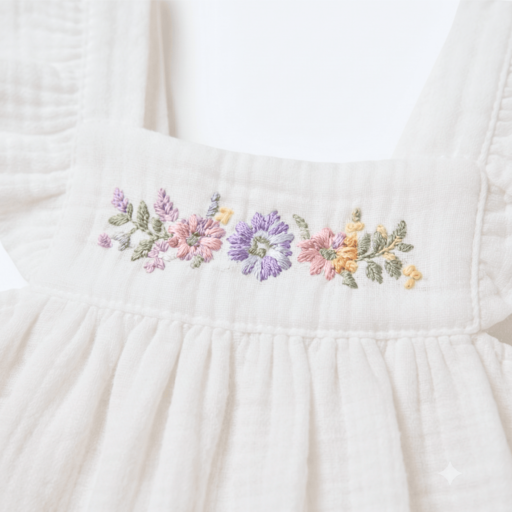 Close-up of a white or off-white textured fabric garment, likely a dress, featuring delicate floral embroidery across the chest in pastel pink, purple, yellow, and green.