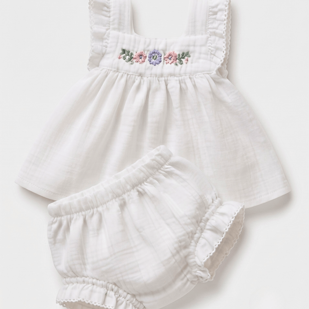 A baby girl's two-piece outfit consisting of a white sleeveless dress with floral embroidery on the chest and matching white ruffled bloomers, laid flat on a light background.