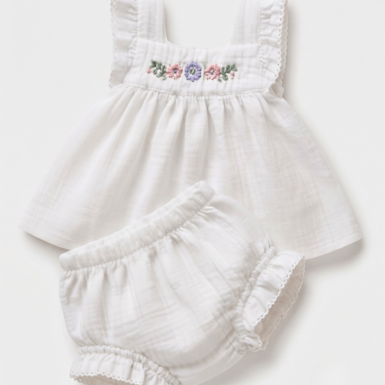 A baby girl's two-piece outfit consisting of a white sleeveless dress with floral embroidery on the chest and matching white ruffled bloomers, laid flat on a light background.