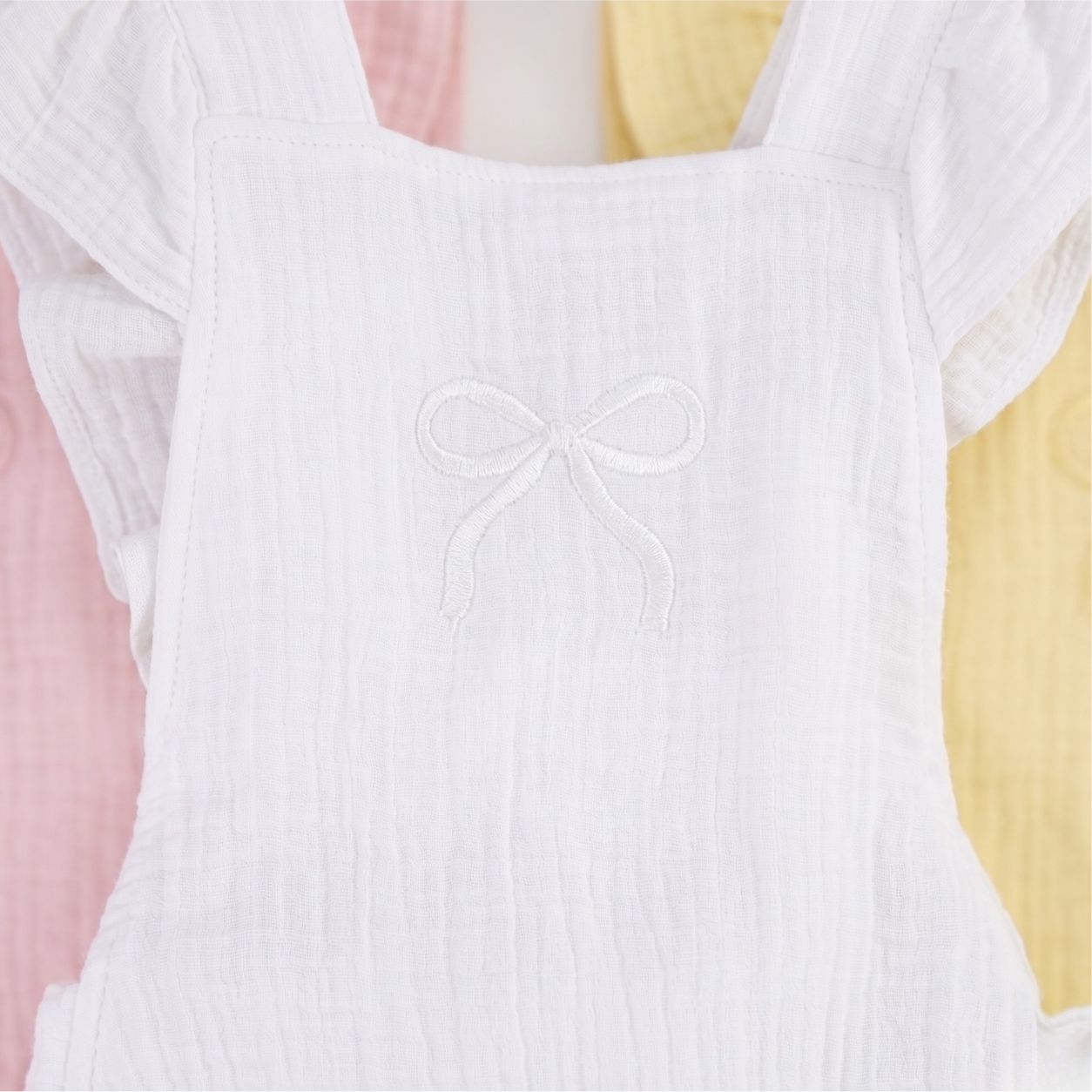 Ruffled muslin bow romper in pink – 100% cotton baby romper – Lullave Boutique