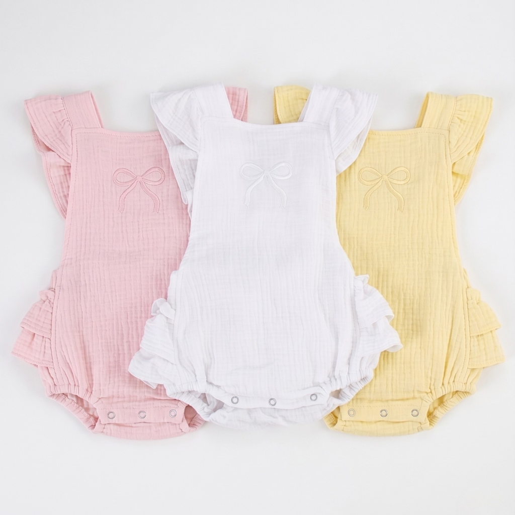 Ruffled muslin bow romper in pink – 100% cotton baby romper – Lullave Boutique
