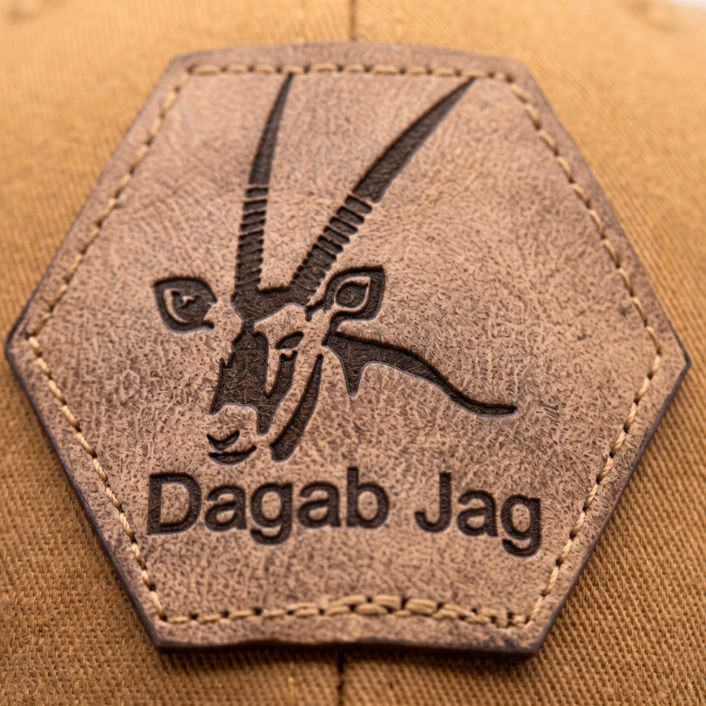 Close-up of Dagab Jag laser engraved hexagonal leather patch on trucker cap