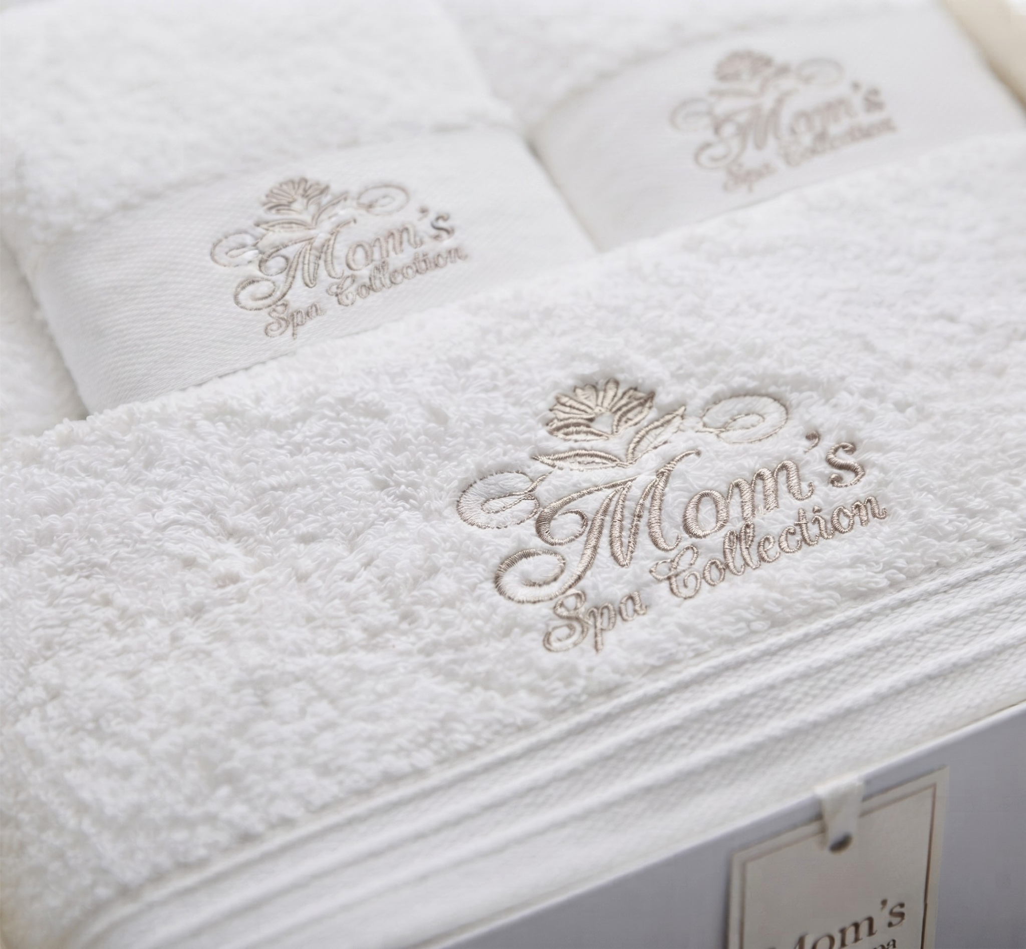 Mom's Spa Collection luxury embroidered white towel gift set in white keepsake box