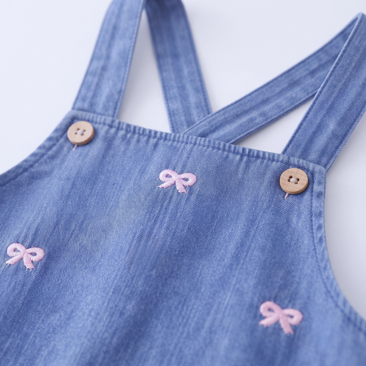 "Bow embroidered pinafore denim cotton baby girl dress handmade in South Africa by Lullave Boutique, available in 0-24 months"