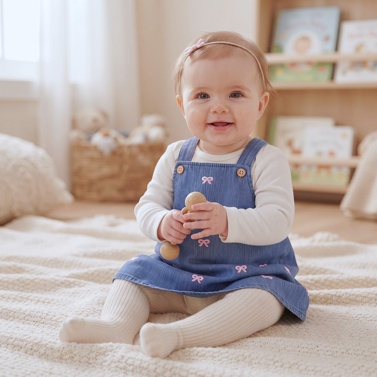 Rivona Bow Embroidered Pinafore Denim Cotton Dress | Baby Girl Dress SA