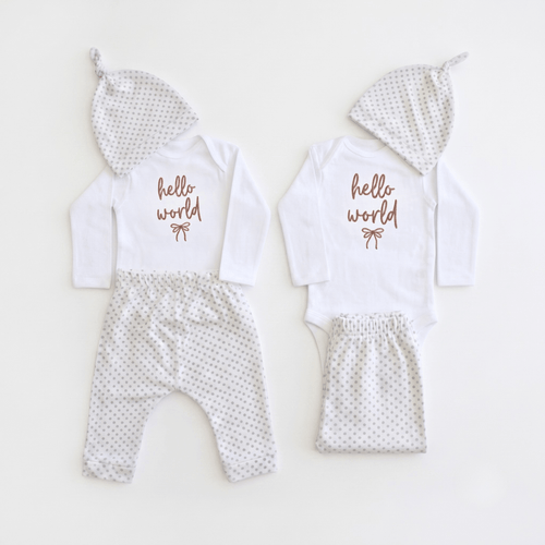 Baby Girl Gift Set – Hello World Embroidered Set by Lullave featuring soft cotton outfit and hat.