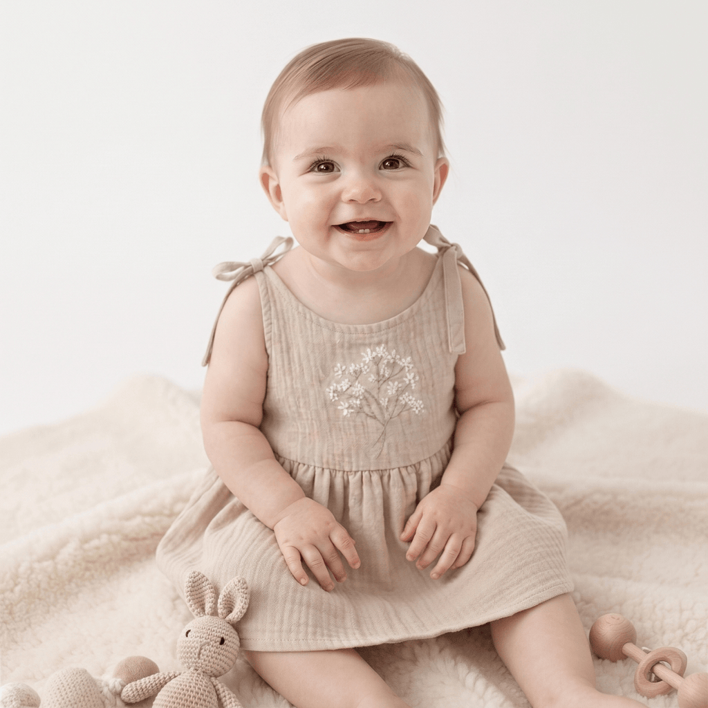 Muslin Baby Dress Claire Soft Handmade Clothing on a smiling baby girl, surrounded by toys.