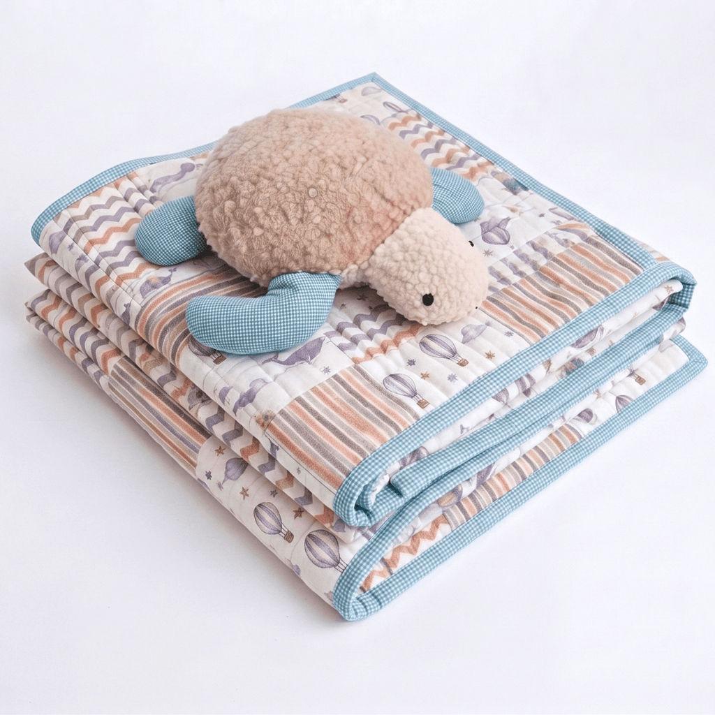 Personalised Baby-Toddler Quilt Gift Set with Pillow & Toy featuring a cozy quilt and plush turtle toy.