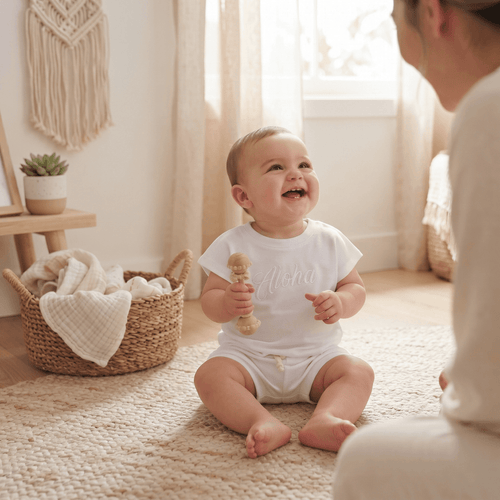 Aloha Keiki Baby Set - Stylish & Comfortable Babywear on a happy baby sitting on a rug, holding a rattle.
