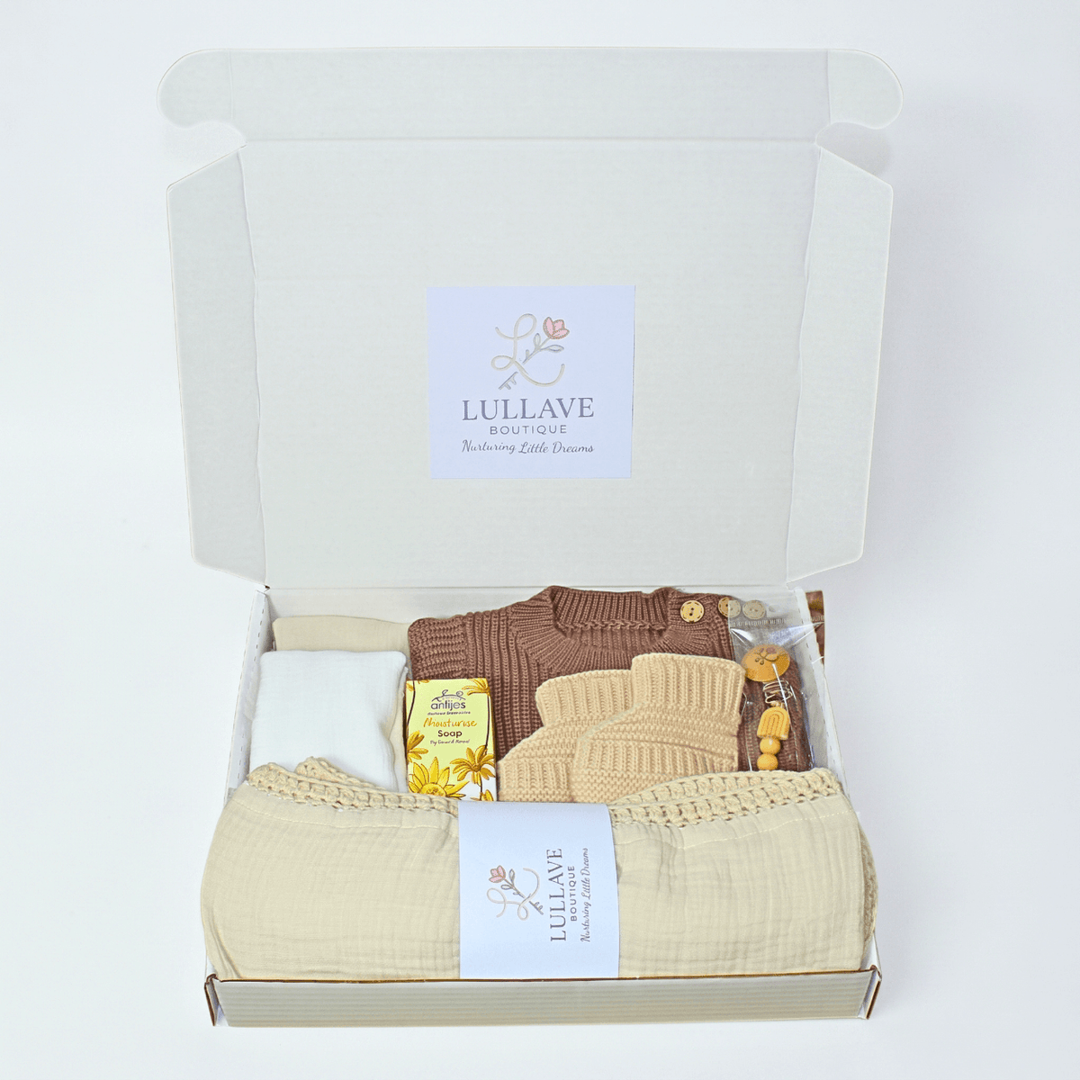 Custom Premium Newborn Neutral Baby Gift Box featuring chocolate brown clothes and luxury essentials for new parents.