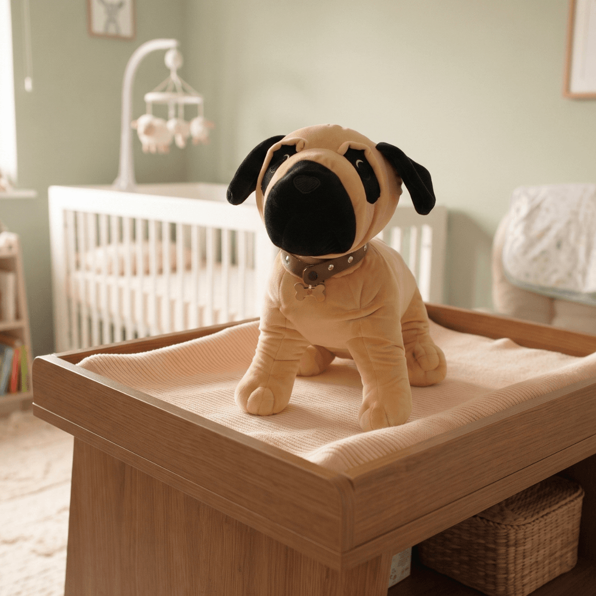 Ruffus with Personalised Baby Name plush dog on changing table in nursery, perfect companion for your little one.