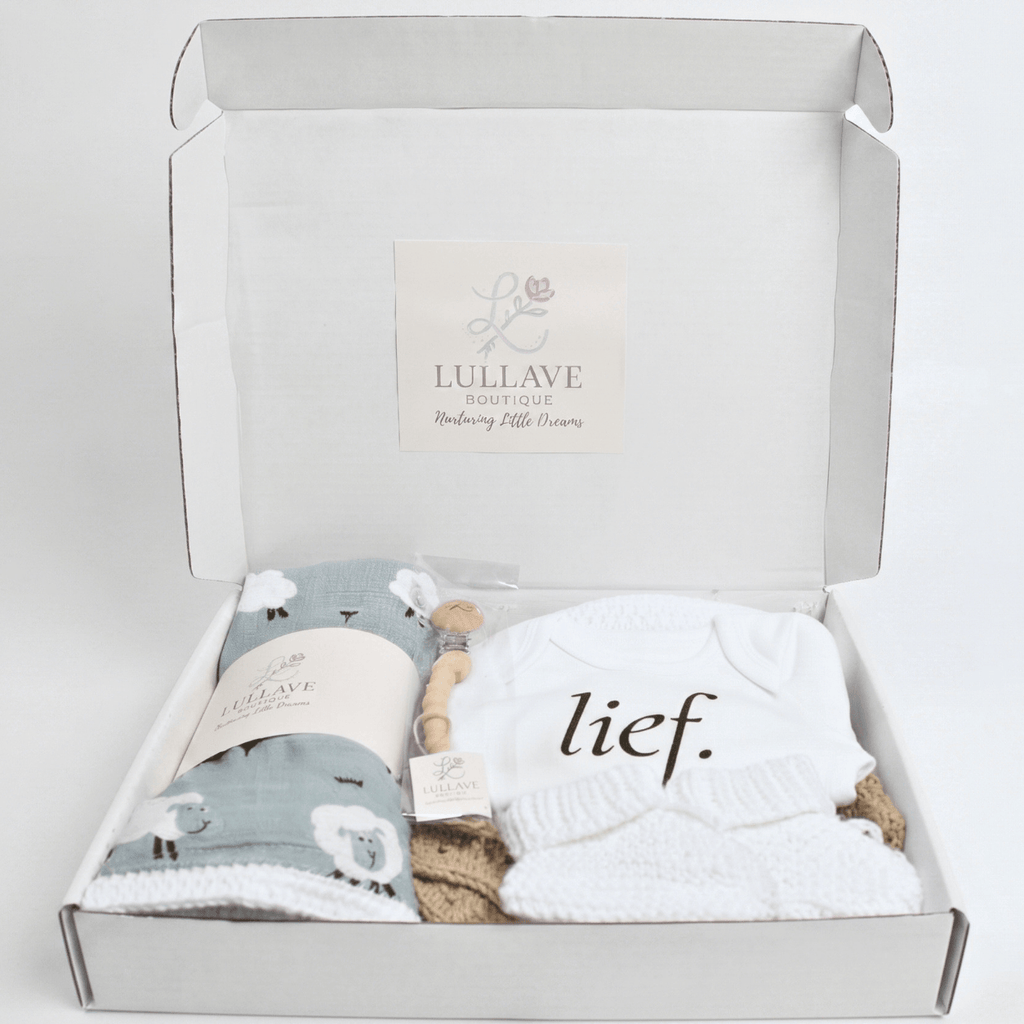 Little Sheep Baby Gift Box - Handmade featuring a cozy blanket and outfit, perfect for new parents and their baby.