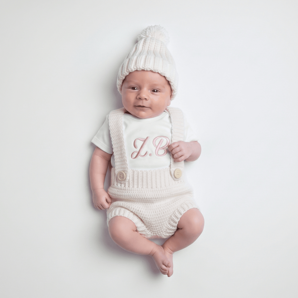 A baby in a knitted white outfit with a pom-pom hat, wearing a personalised shirt, showcasing the Personalised Little Farmer Set.