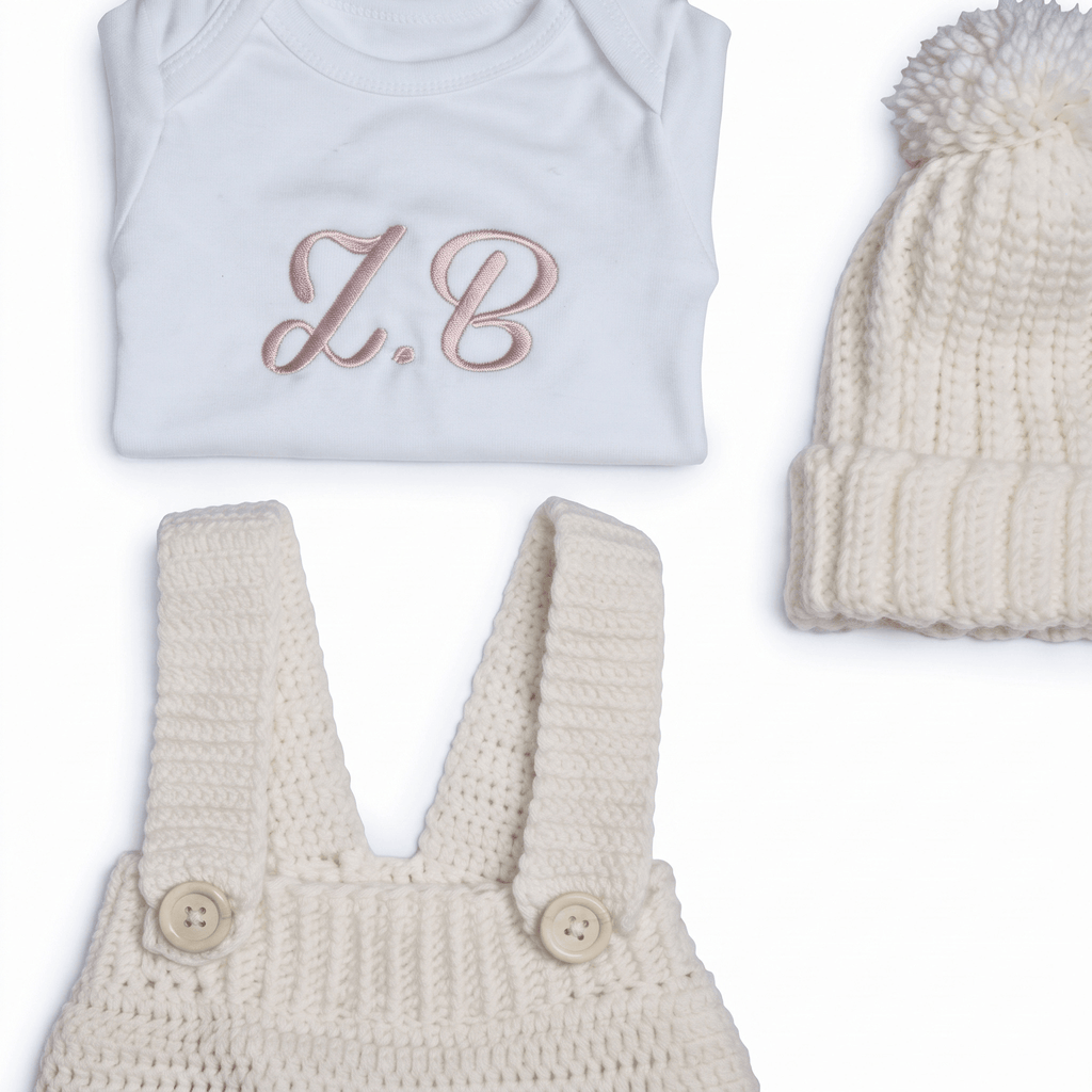 Personalised Little Farmer Set featuring a custom embroidered onesie, knitted hat, and overalls.