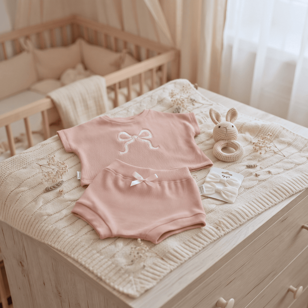 Rosewood set- cotton baby girl set featuring soft blush-pink two-piece outfit on a cozy nursery dresser.