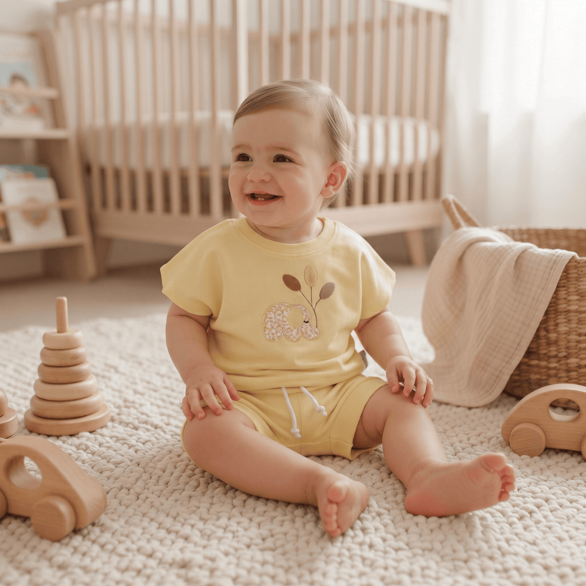 baby wearing a safari play cotton set for baby, featuring a cute animal design, smiling while sitting on a rug
