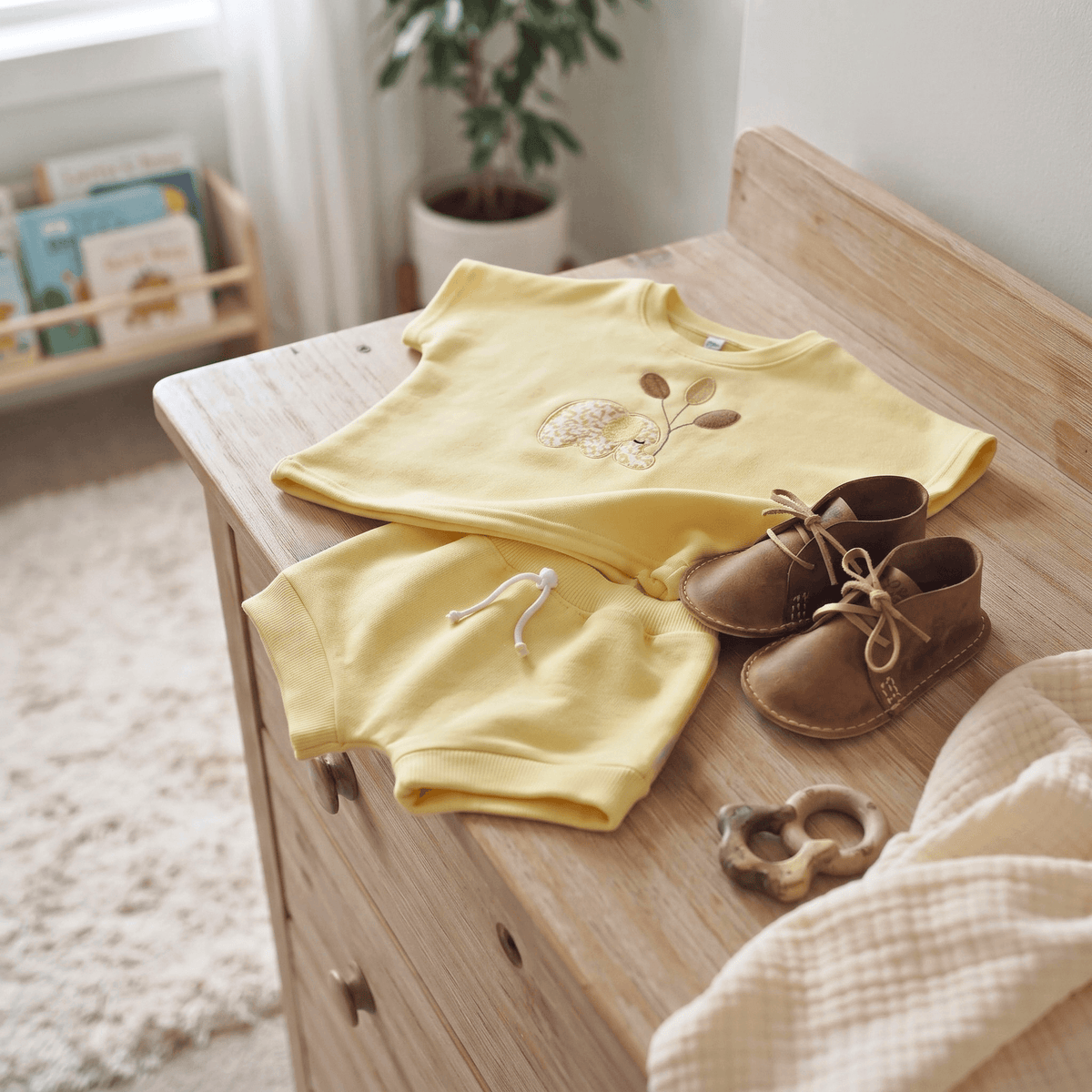 Safari Vellies full leather grain shoes beside a yellow outfit on a dresser, perfect for baby's first adventures.