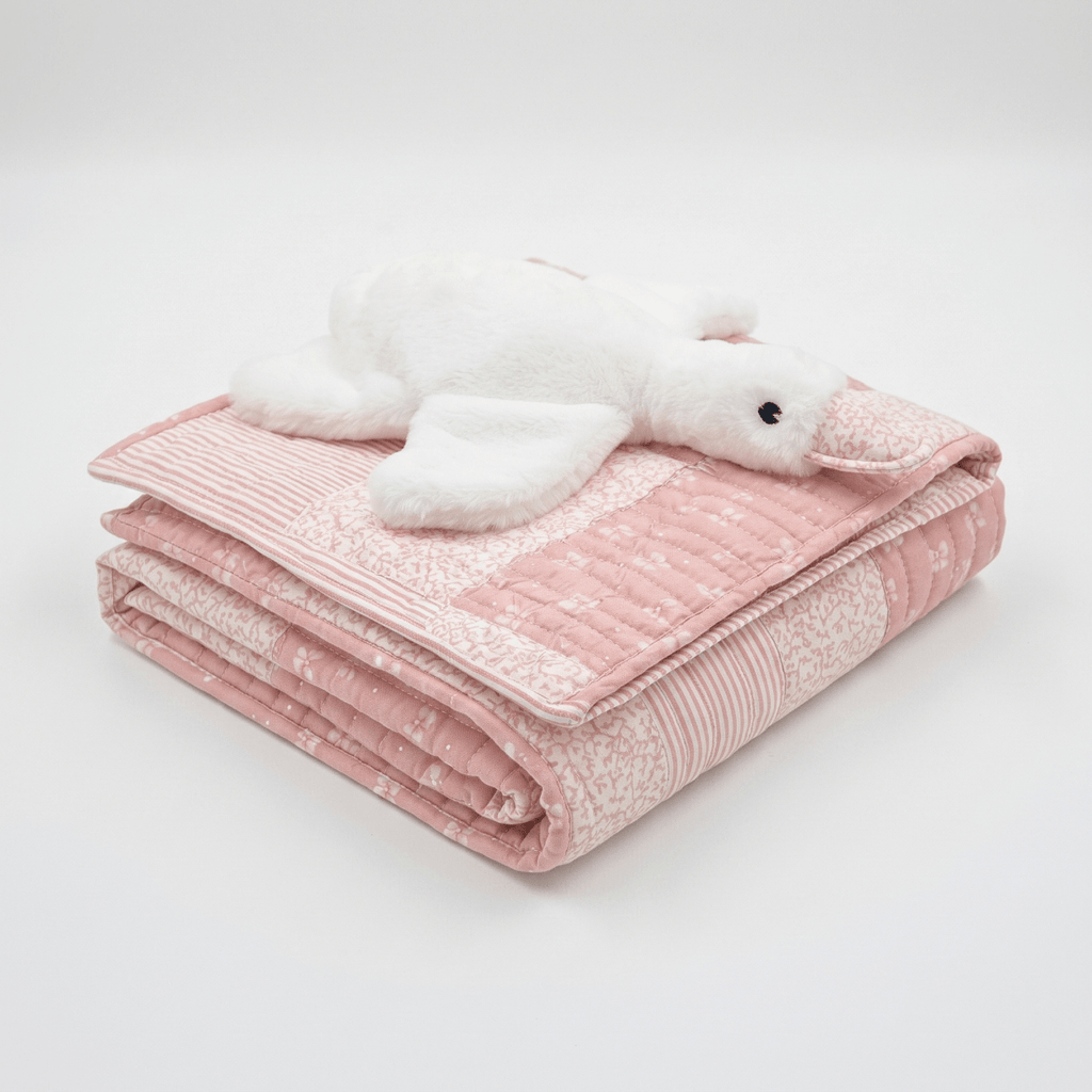 Little Darling Personalised Baby Quilt Gift Set with soft toy on top, perfect for newborns and toddlers.