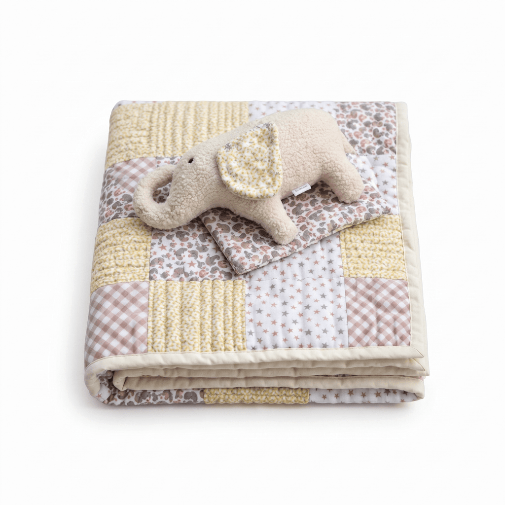 personalised handmade Little Elly baby quilt set with an adorable elephant plush toy