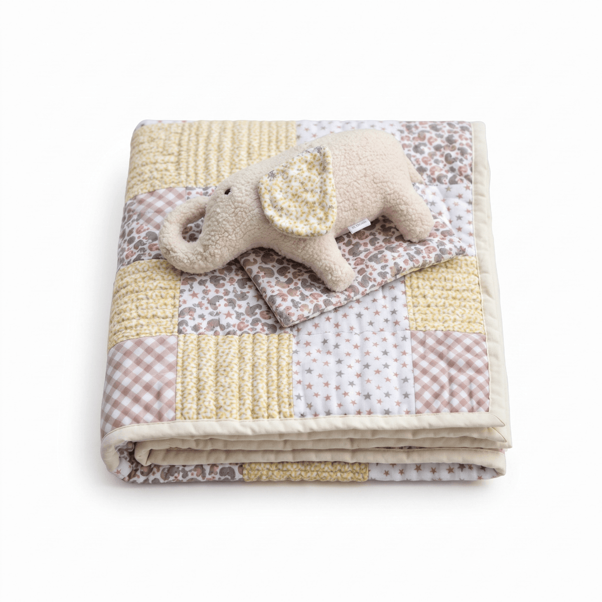 personalised handmade Little Elly baby quilt set with an adorable elephant plush toy