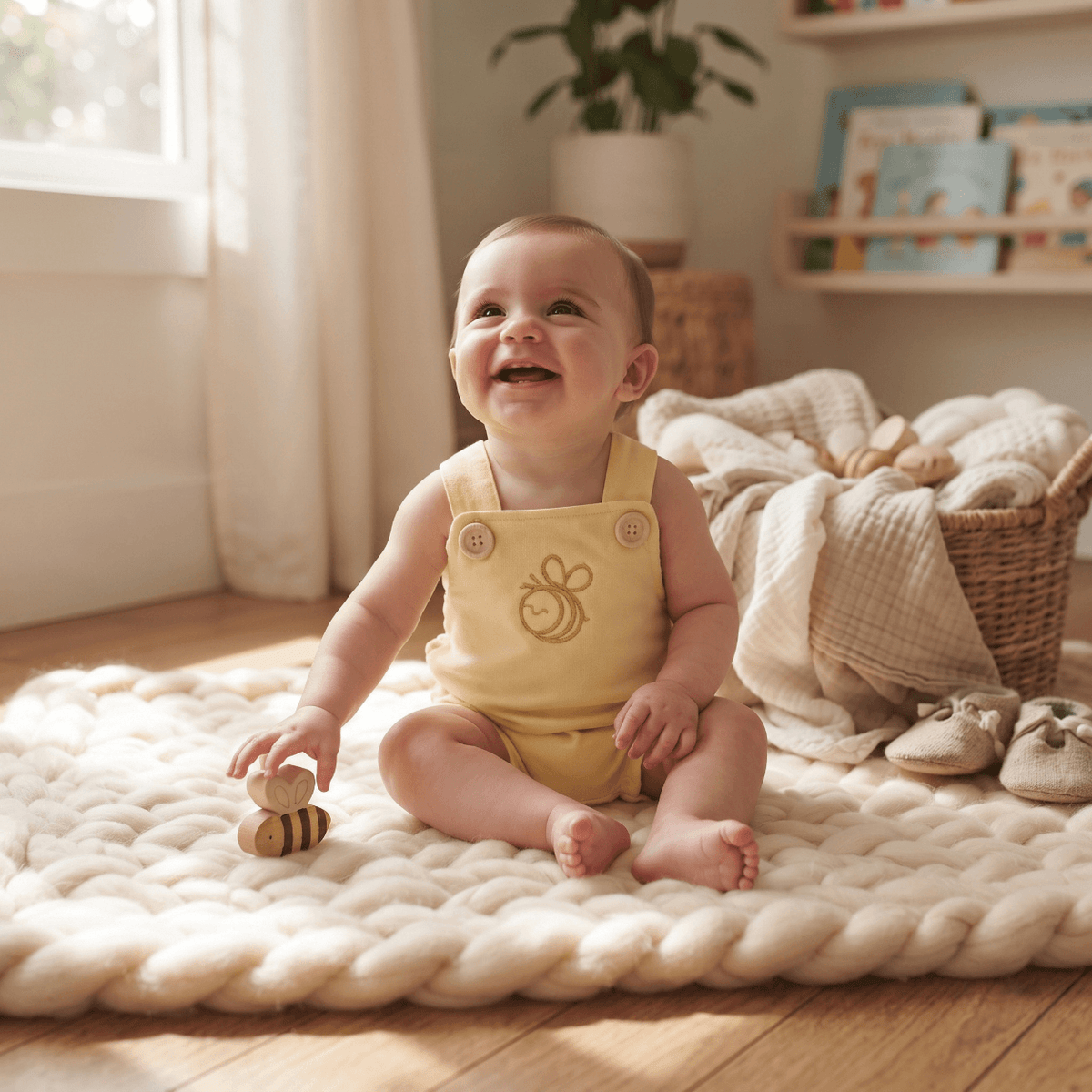 Embroidered Cotton Baby Romper on a smiling baby sitting on a plush rug, featuring a charming bee design.
