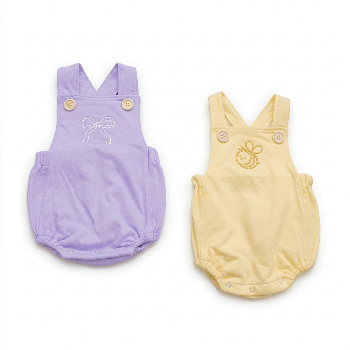 Embroidered Cotton Baby Romper in lavender with white bow and yellow with golden bee design.