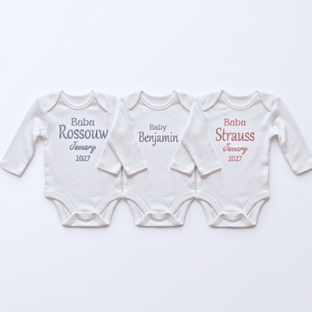 Personalised Baby Name Babygrow - Embroidered 100% Cotton in white, featuring custom names and colorful embroidery.