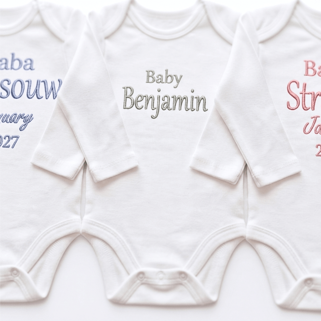 Personalised Baby Name Babygrow - Embroidered 100% Cotton featuring three custom designs.