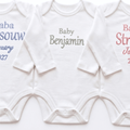 Personalised Baby Name Babygrow - Embroidered 100% Cotton featuring three custom designs.