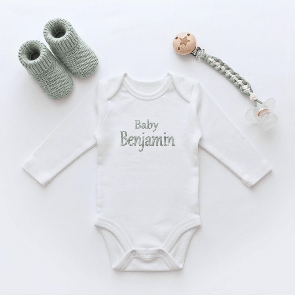 Personalised Baby Name Babygrow - Embroidered 100% Cotton with the name Benjamin in soft green embroidery.