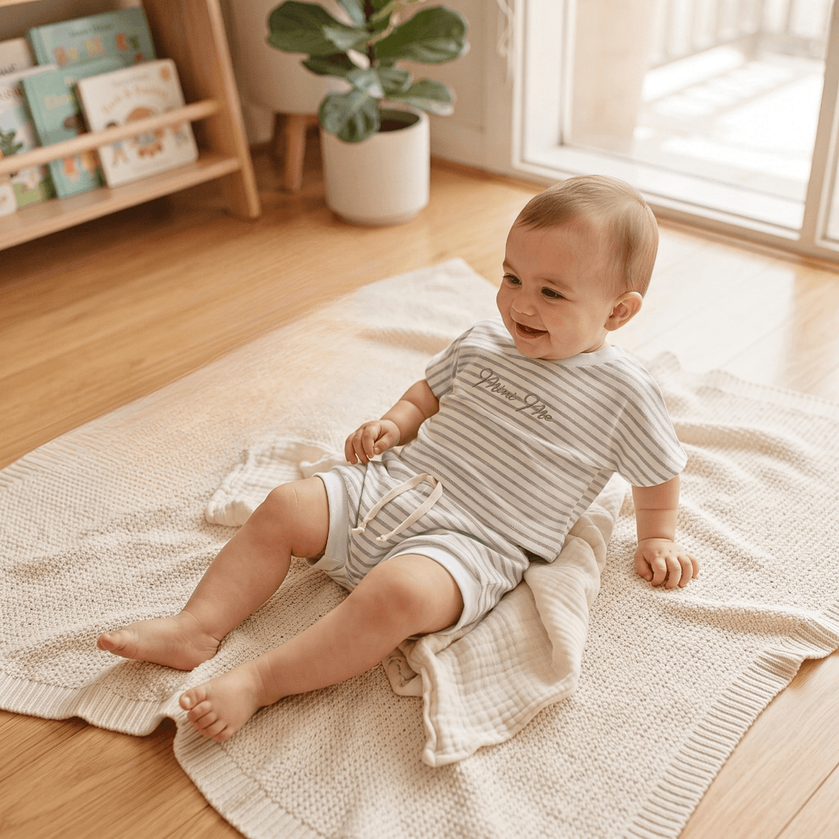Cotton summer babywear set Mini Me Fun on a happy baby sitting on a cozy blanket indoors.