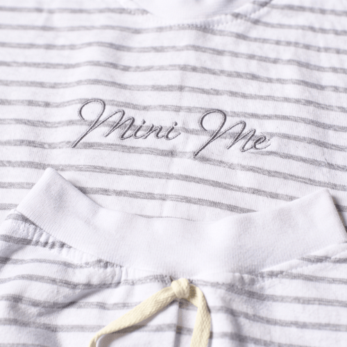 Close-up of the Cotton summer babywear set Mini Me Fun with striped design and 'Mini Me' embroidery for stylish baby outfits.