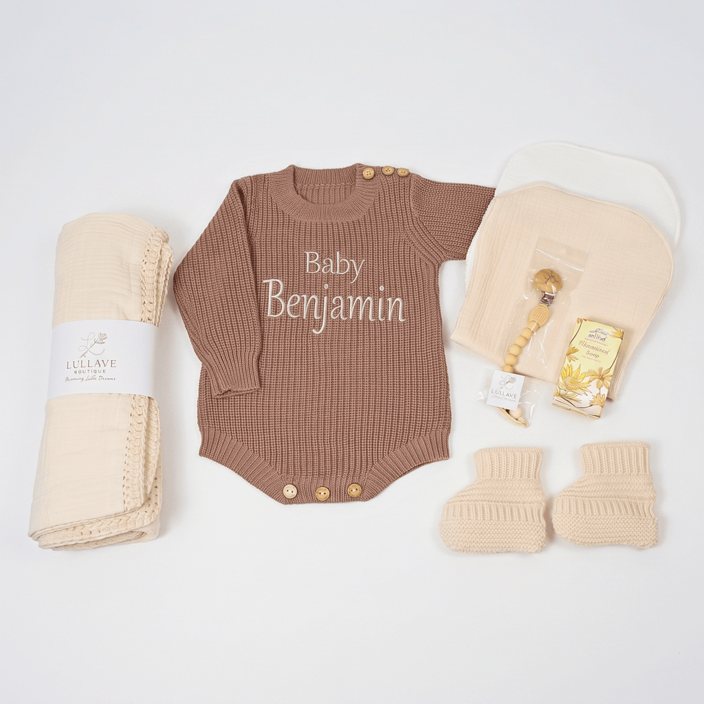 Custom Premium Newborn Neutral Baby Gift Box featuring a brown baby onesie, blanket, and accessories.