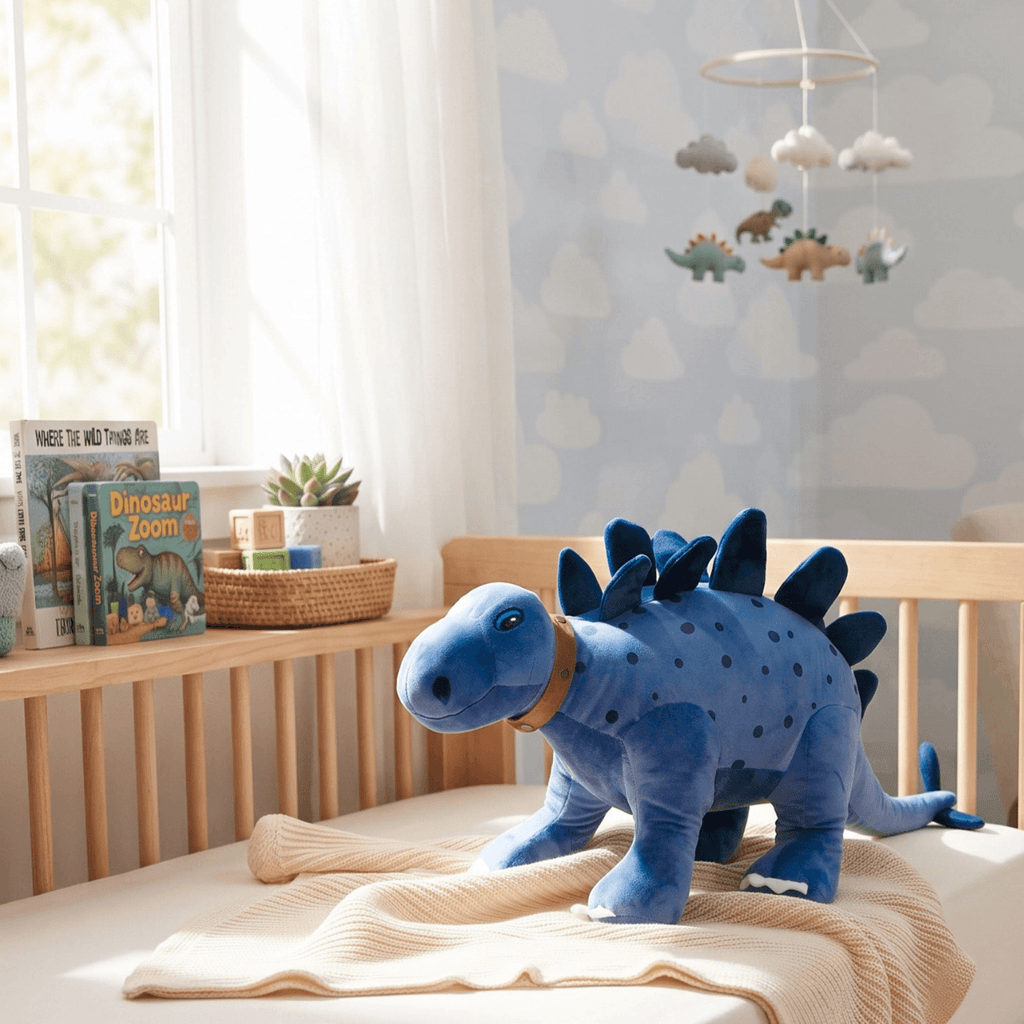 Lexi Personalised Baby Name Dinosaur in royal blue, perfect plush companion for children, designed with unique details.