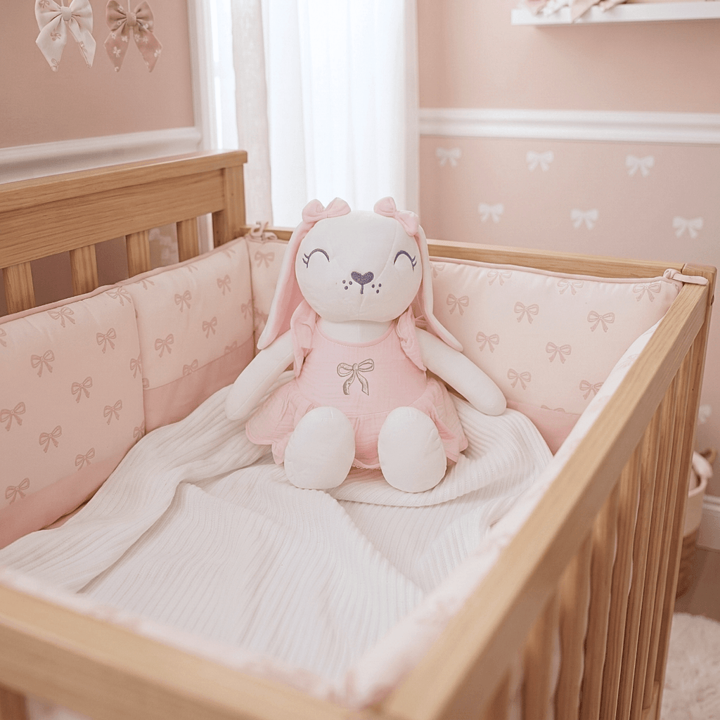 Lilly Personalised Baby Name Bunny in a crib with pink bedding and a soft, cozy atmosphere.