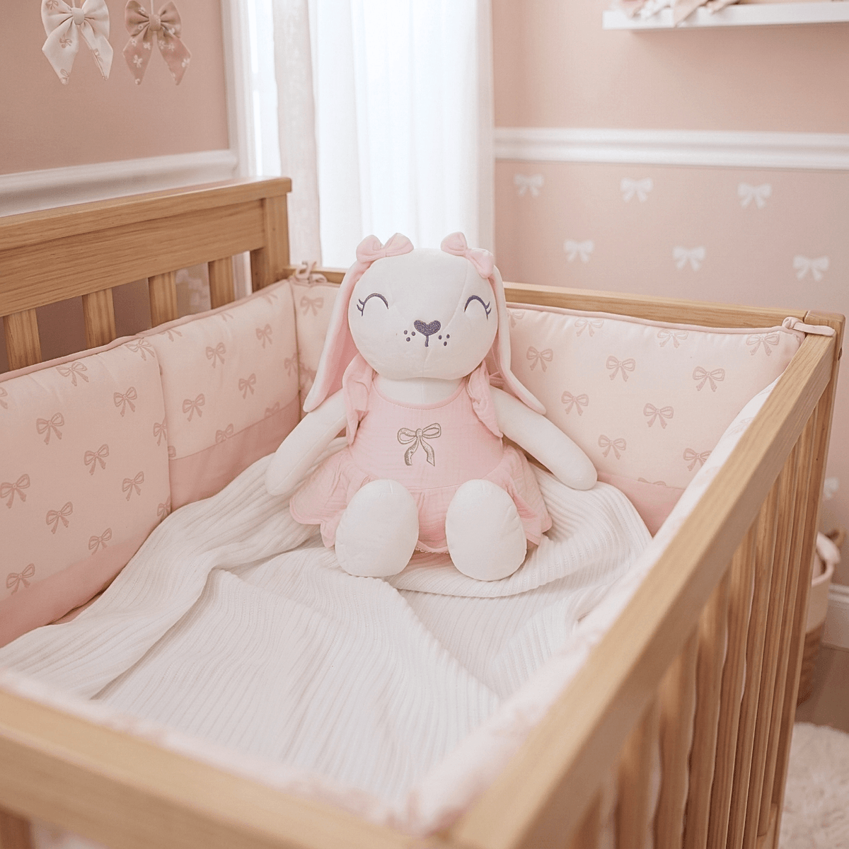 Lilly Personalised Baby Name Bunny in a crib with pink bedding and a soft, cozy atmosphere.