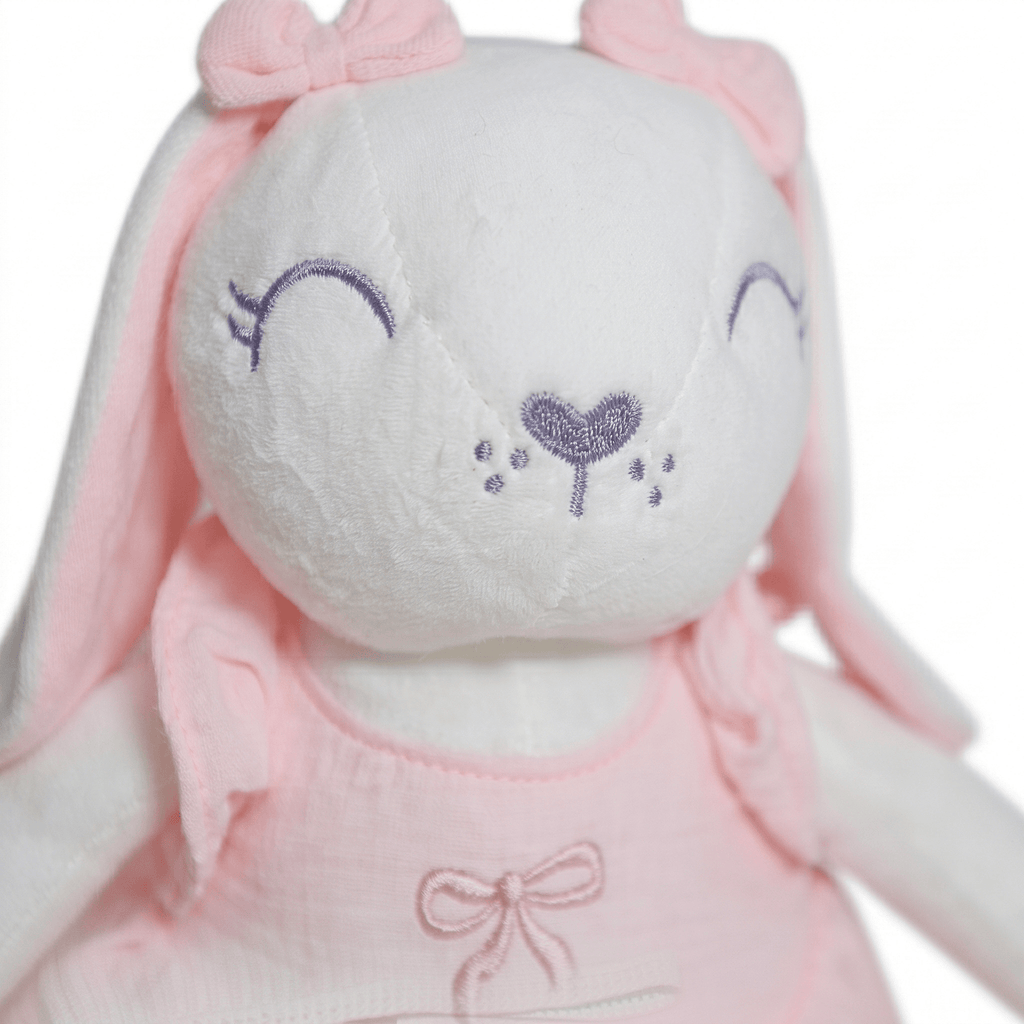 Lilly Personalised Baby Name Bunny with pink bow dress and embroidered details, perfect for cuddles.