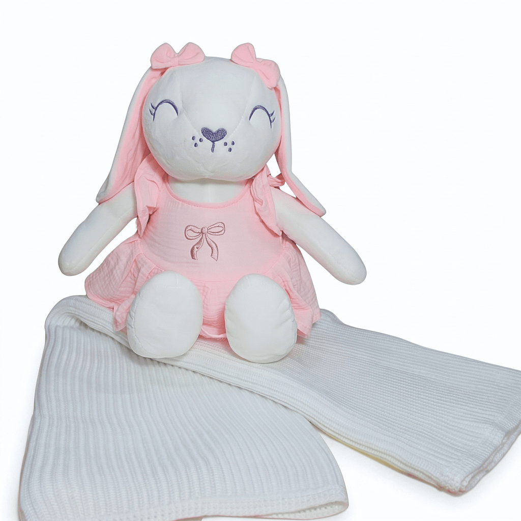 Lilly Personalised Baby Name Bunny in pink dress with white cuddly blanket, perfect keepsake for your little one.