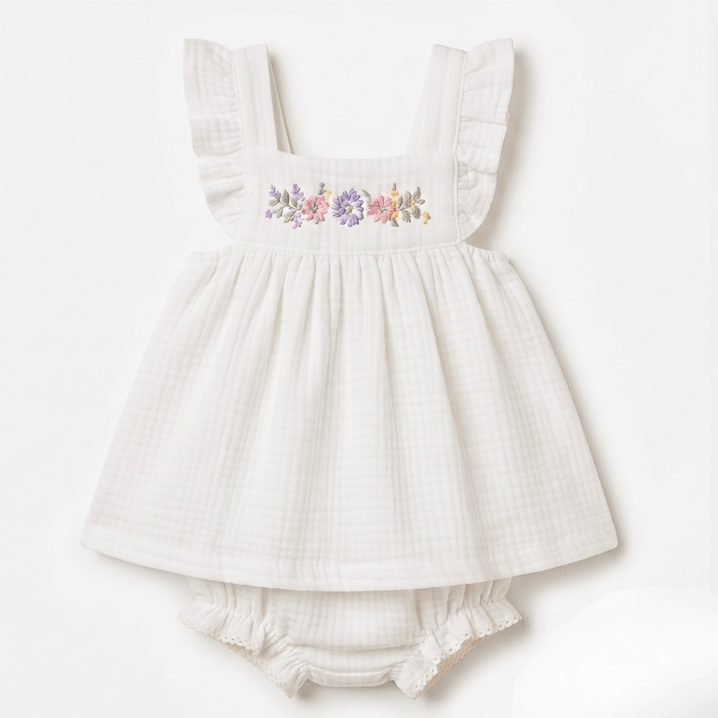 A baby girl's white gingham muslin romper dress with ruffled shoulder straps and a floral embroidered bodice, shown flat on a white background.