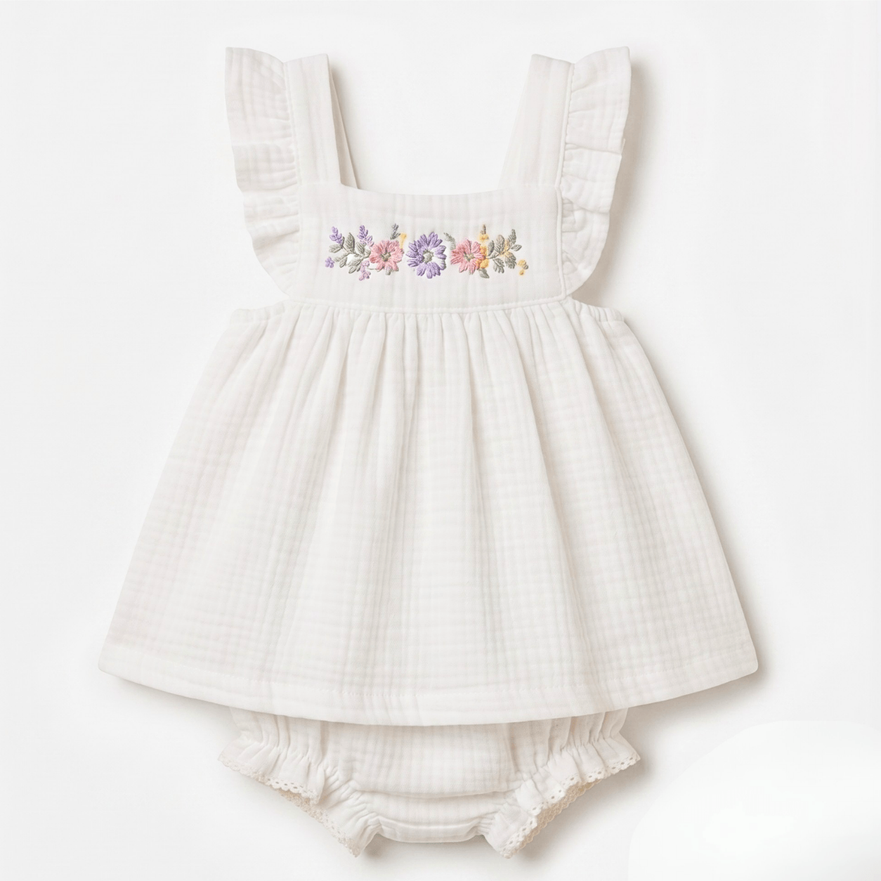 A baby girl's white gingham muslin romper dress with ruffled shoulder straps and a floral embroidered bodice, shown flat on a white background.
