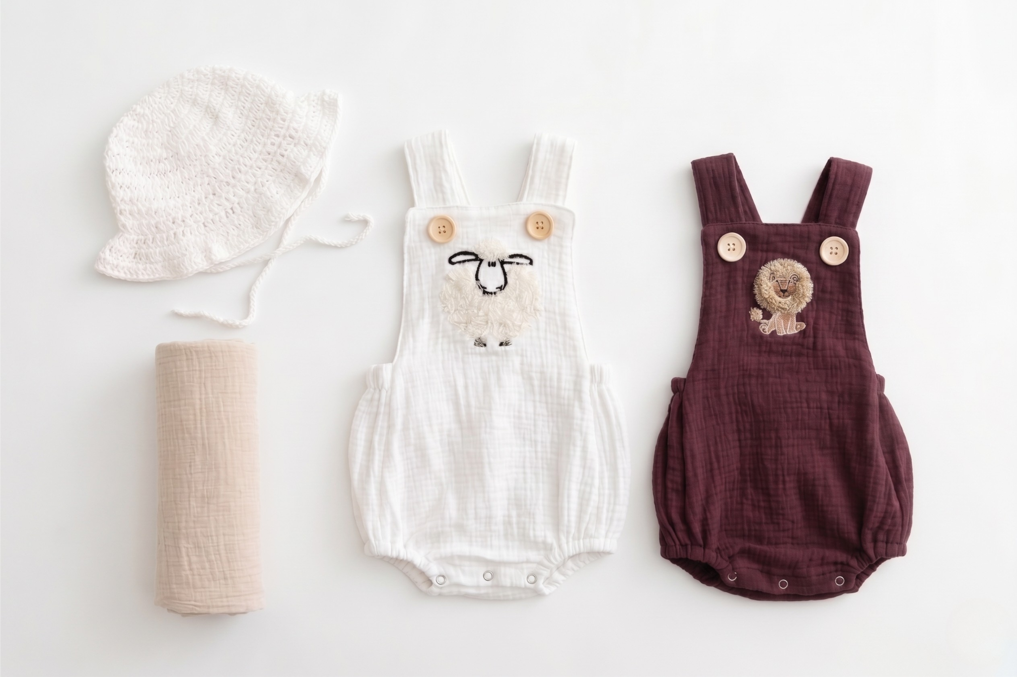 Ruffled Animal Embroidered Muslin Baby Romper | Unisex SA