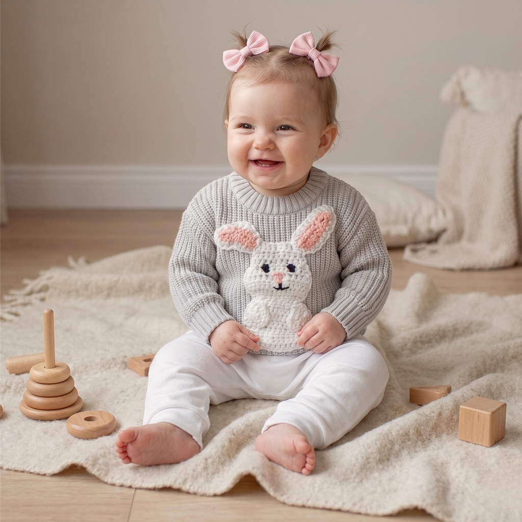A baby sitting on a cream blanket in a nursery, wearing a gray ribbed knit sweater with a crocheted bunny face and white pants. The baby has two pink bows in her hair and is surrounded by wooden toys.